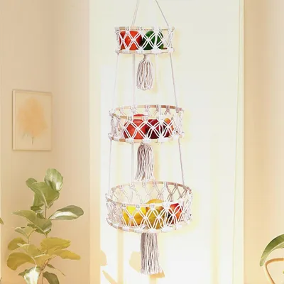 Produktbild von 3-Stöckiger Hängender Obstkorb, Natürlicher Baumwollseil Gemüsekorb für Obst & Gemüse, 20/25/30 cm, Platzsparender Hängekorb für Küche, Wandkorb, 110 cm Länge