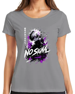 Zdjęcie produktu dla T-shirt damski "NO SIGNAL", motyw: anime, chłopiec, manga, glitch, fioletowy, cyberpunk, Japonia, styl Y2K, dla fanów anime, kolor: szary, rozmiar: L
