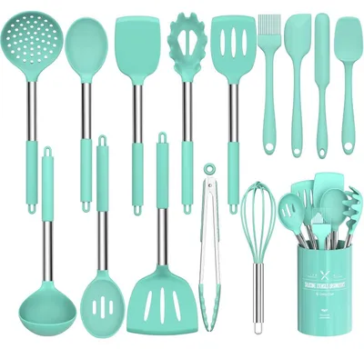Image de Ensemble d'ustensiles de cuisine en silicone, 15 pièces, couleur verte. Revêtement antiadhésif, manche en acier inoxydable, résistant à la chaleur jusqu'à 230°C, compatible avec le lave-vaisselle