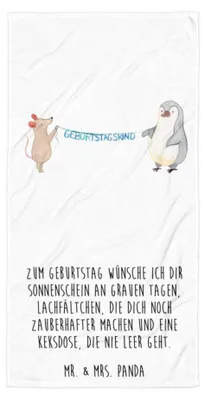 Produktbild von Mr. & Mrs. Panda Handtuch Maus Pinguin Geburtstag - Weiß - Geschenk, Herzlichen Glückwunsch, Duschhandtuch, Reisehandtuch, Großes Badehandtuch, Strandtuch, Duschtuch