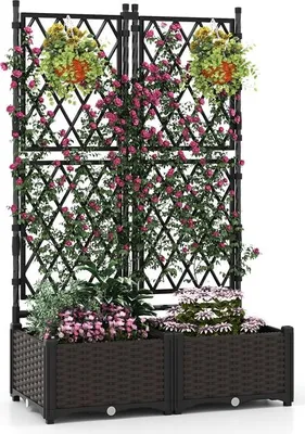 Produktbild von COSTWAY Blumenkasten, Pflanzkasten, Hochbeet mit Rankgitter, Spalier & Selbstbewässerung, Blumenkübel, Gartenspalier Rankkasten, Schwarz, 80x40x120cm