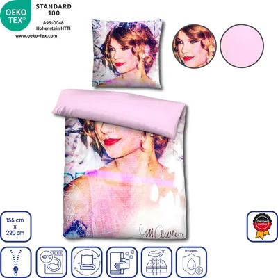 A bedding set featuring a portrait of Taylor Swift, shown with a pillow and duvet cover.