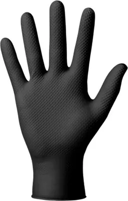 A black nitrile glove is shown against a white background.