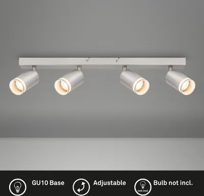 A four-light ceiling spotlight fixture mounted on a gray ceiling.