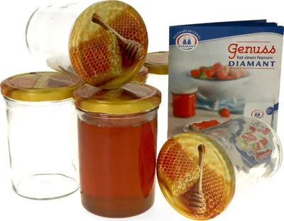 Produktbild von 6er Set Einmachglas 435 ml Deckel Honigwabe Rund- Einkochgläser Vorratsglas Gläser Aufbewahrung