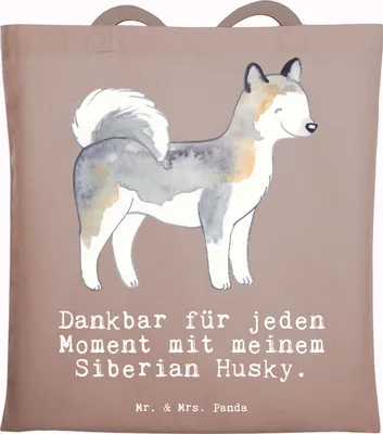 Produktbild von Mr. & Mrs. Panda Shopping Tasche Siberian Husky Moment - Braun Pastell - Geschenk, Jutebeutel, Laptoptasche, Tote Bag, Schultasche