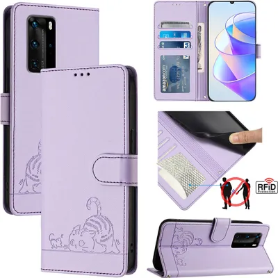 Produktbild von Leder Hülle für Huawei P40 Pro Süße Katze Flip Case Brieftasche Schutzhülle mit Standfunktion Lila