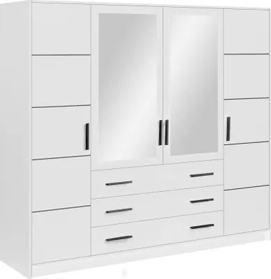 Produktbild von Albello Kleiderschrank mit Spiegel Bego Schlafzimmerschrank Kleiderschrank für das Wohnzimmer das Schlafzimmer Weiß Schwarze Griffe 240x57,5x200 cm