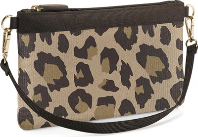 A leopard print pouch bag with a strap and zipper.