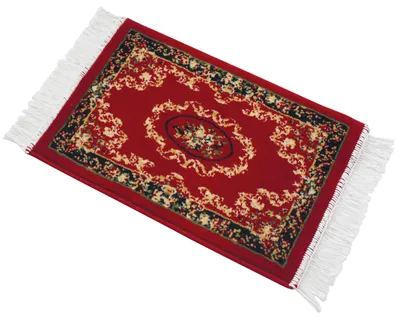A red Persian-style rug with white fringe on a white background.