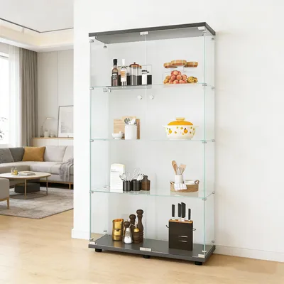 Produktbild von INONEFT Glasvitrine mit Doppeltüren, Standvitrine mit 4 Ablagen und LED, Vitrinenschrank für Sammlerstücke, Schwarz, 80.5x36x164CM