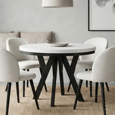 Produktbild von Runder Ausziehbarer Tisch für Esszimmer, PERO mit einem Ring-Gestell, Loft-Stil, Skandinavische, Durchmesser: 90 / 190 cm, Farbe: Weiß / Schwarz