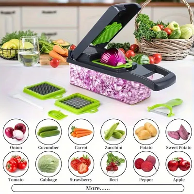 Zdjęcie produktu dla Zestaw 16 elementów: krajalnica do warzyw, rozdrabniacz, szatkownica, krajalnica do kostki, tarka, do blenderów i robotów kuchennych, ze stali nierdzewnej, zestaw do tarcia, szatkowania i krojenia