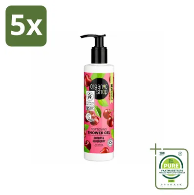 Obrázek produktu pro 5 kusů organického sprchového gelu Organic Shop, příchuť třeše a borůvky, objem 280 ml, balení