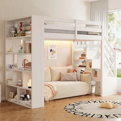 Zdjęcie produktu dla Łóżko piętrowe 90 x 200 cm z schowkiem, półkami, oświetleniem LED, barierką ochronną i stelażem z 15 listew, kolor biały/imitacja drewna