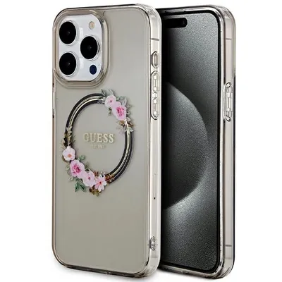 Obrázek produktu pro Guess PC / TPU Flowers Ring Glossy Logo MagSafe Back Cover für iPhone 15 Pro Max Schwarz