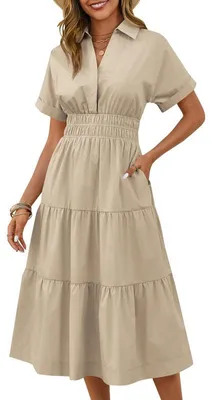 Produktbild von Imily Bela Sommerkleid für Damen, kurzärmelig, extra lang, lässiger V-Ausschnitt, gerafft, locker geschnitten, mehrlagig, fließendes Hemdkleid mit Taschen