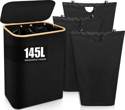 Obrázok produktu pre Koš na prádlo Famanu s vekom, 145 litrov, 3 priehradky, z bambusu, čierny