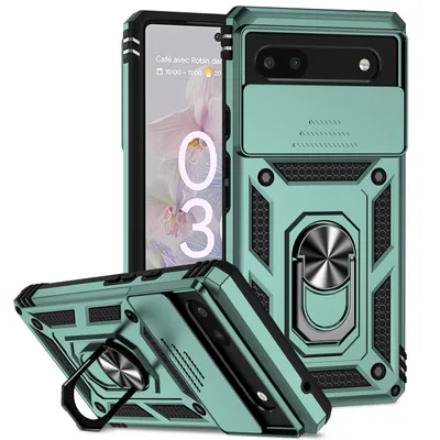 Immagine prodotto di Custodia per Google Pixel 6A a doppio strato con copertura scorrevole della fotocamera e supporto ad anello verde