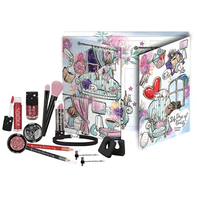 A beauty advent calendar with makeup products arranged in front of it.