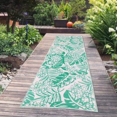 Produktbild von Outdoor-Teppich mit tropischem hauch in petrol farbe Größe - 90 x 300 cm