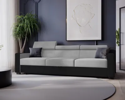 Produktbild von GOLDSTOFF Sofa DIWIA 241 x 92 cm - Schlaffunktion - verstellbare Kopfstützen - Staumstoff + Kunstleder : Grau + Schwarz ( Mon 84 + Solar 99 )