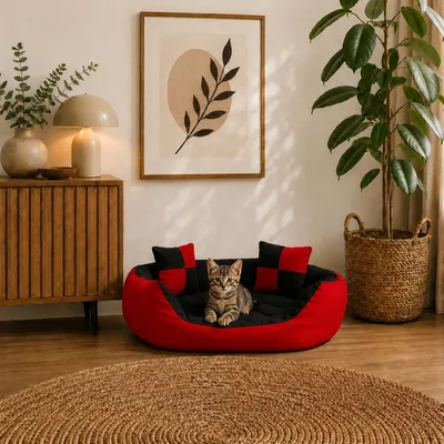 Produktbild von belviona Katzenkörbchen 4-in-1, wendbares Katzenbett mit niedrigem Einstieg, kratzfest & wasserabweisend, 65x50 cm, rot/schwarz, KI-generiertes Bild