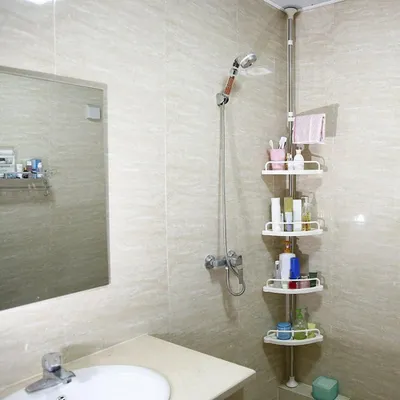 Obrázek produktu pro Čtyřúrovňový nerezový rohový regál do koupelny od podlahy ke stropu s organizérem polic