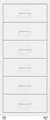 A white metal filing cabinet with six drawers and silver handles, shown from the front.