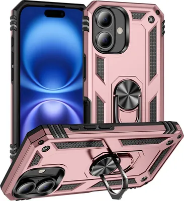 Produktbild von Schutzhülle für iPhone 17 Dual Layer Robust Militäre Fallschutz Hülle mit Ringhalterung Ständer Roségold