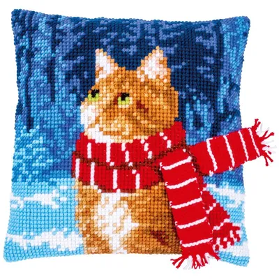 Zdjęcie produktu dla Poduszka Vervaco "Kot w szaliku", haft krzyżykowy, wstępnie narysowany wzór, 40x40 cm