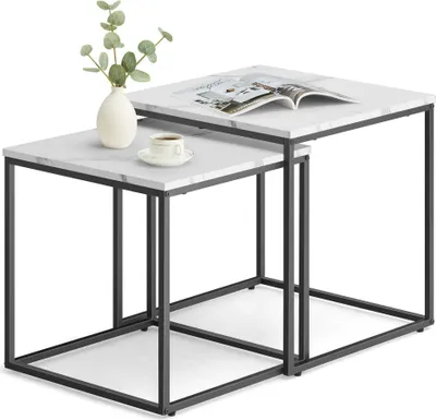 Two nesting square tables with a marble-like top and black metal legs, displayed on a white background.