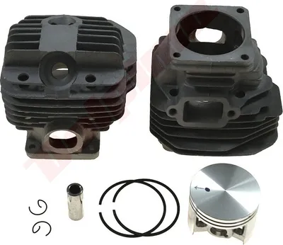A set of engine cylinder components, including two cylinders, a piston, piston rings, and wrist pin clips, laid out on a white background.
