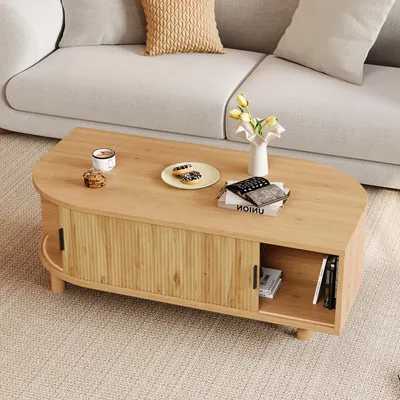 Produktbild von Merax Couchtisch mit 2 Rolltüren und 4 Holzbeinen, Wohnzimmertisch mit Stauraum, Sofatisch Beistelltisch mit abgerundeten Ecken, Natur