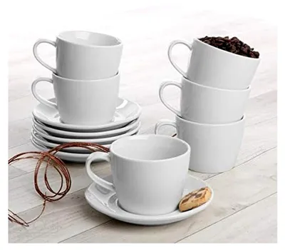 Produktbild von Set 12 Porzellan Kaffeetassen 22 cl mit Untertassen, 14 x 7 cm, 0,22 l, weiß