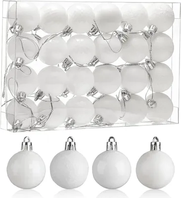 Obrázok produktu pre Plastové vianočné gule, 24 kusov, priemer 4 cm, biele, nerozbitné, vianočné ozdoby na stromček