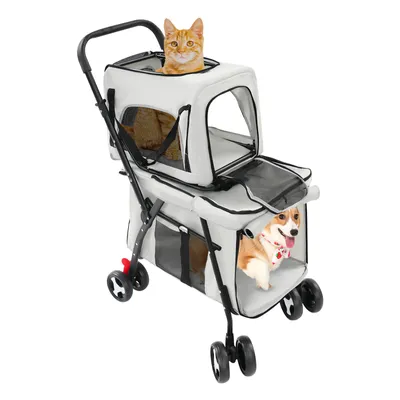 Image de Buggys pour chiens 51*63*105cm Double poussette pliable pour animaux de compagnie avec caisse de transport amovible Gris