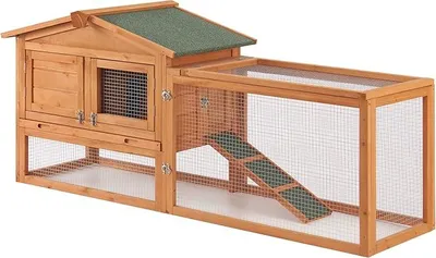 Imagen del producto de Silecomplaza - Jaula para conejos, Oberursel, 68 x 156 x 52 cm. Jaula para animales pequeños, jaula para conejos de dos niveles, área de esparcimiento con techo de betún, madera de pino
