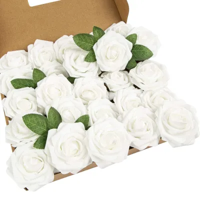 Produktbild von 25 stücke künstliche blume rose blumenköpfe mit stiel diy hochzeitssträuße geschenk-Weiss