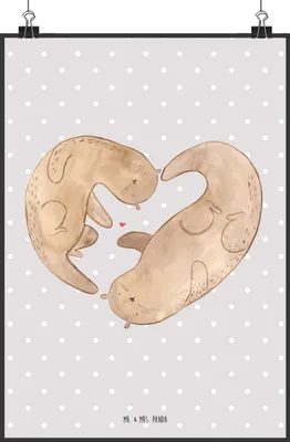 Produktbild von Mr. & Mrs. Panda Bild Otter Herz DIN A2 - Grau Pastell - Geschenk, Liebe, Hochzeitstag, drucke, Wandbild, Plakat, wanddeko, Kunstdruck