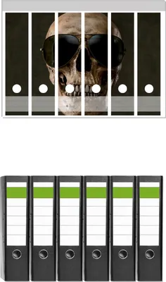 Produktbild von Wallario 6 Stück breite Ordner inkl. Klebeetiketten mit Motive Totenschädel mit cooler Sonnenbrille -  Set mit Rückenschildern / Ordnerrücken Stickern