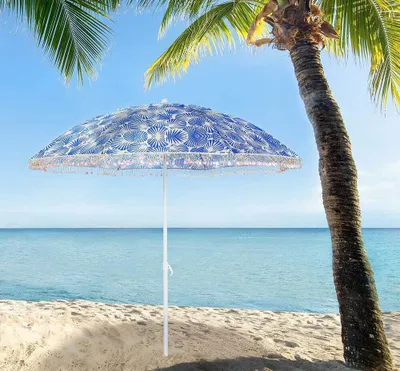 Produktbild von Sonnenschirm Strandschirm Blau Weiß mit Muscheln Garten Camping Erdspieß Ø 180cm