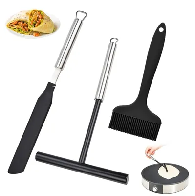 Produktbild von 3-teiliges Crêpe-Verteiler-Set, T-förmiger Teigverteiler, Crêpe-Verteiler-Spatel und schwarzer Backpinsel, Crêpe-Schaufel aus Edelstahl und Silikon, Zubehör für die Zubereitung von Crêpes und Pfannkuchen.