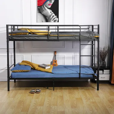 A black metal bunk bed with blue and yellow bedding is shown in a room with a painting on the wall.