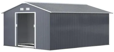 Obrázek produktu pro Kovová zahradní chata se základy – dvoukřídlé dveře | Barva: šedá | Rozměry: 386 x 340 x 200 cm