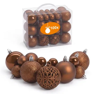 Immagine prodotto di Set di 100 palline di plastica per albero di Natale, resistenti alla rottura, color marrone, con ganci in metallo inclusi