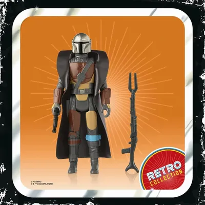 A vintage-style Star Wars action figure of The Mandalorian with his rifle.