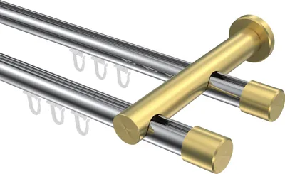 Produktbild von Interdeco Innenlaufstange / Gardinenstange mit Innenlauf Chrom / Messing-Optik, Typ Platon Santo (Kappe), 20 mm Ø 2-läufig, 180 cm