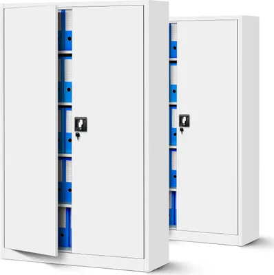 Two white metal filing cabinets filled with blue binders, shown from a slightly angled front view.