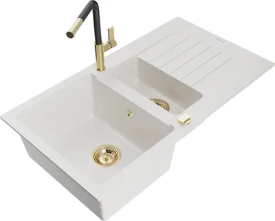 Produktbild von Mexen Matias 1,5-Becken-Granitspüle mit Abtropffläche und Mischbatterie Flora, Weiß - 6502-20-670401-57-G